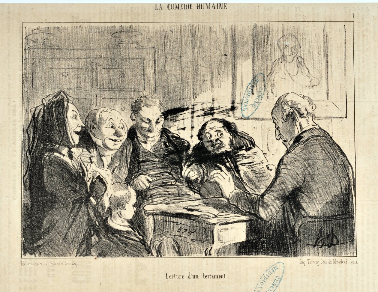 Grafika: Honore Daumier (1808-1879). W „” Le Charivari ”” z 20 grudnia 1853: Serie LA COMEDIE HUMAN „” Czytanie testamentu ”” ”MUZEUM SZTUK PIĘKNYCH – PALAIS LONGCHAMP, MARSEILLE autorstwa Honoré Daumier