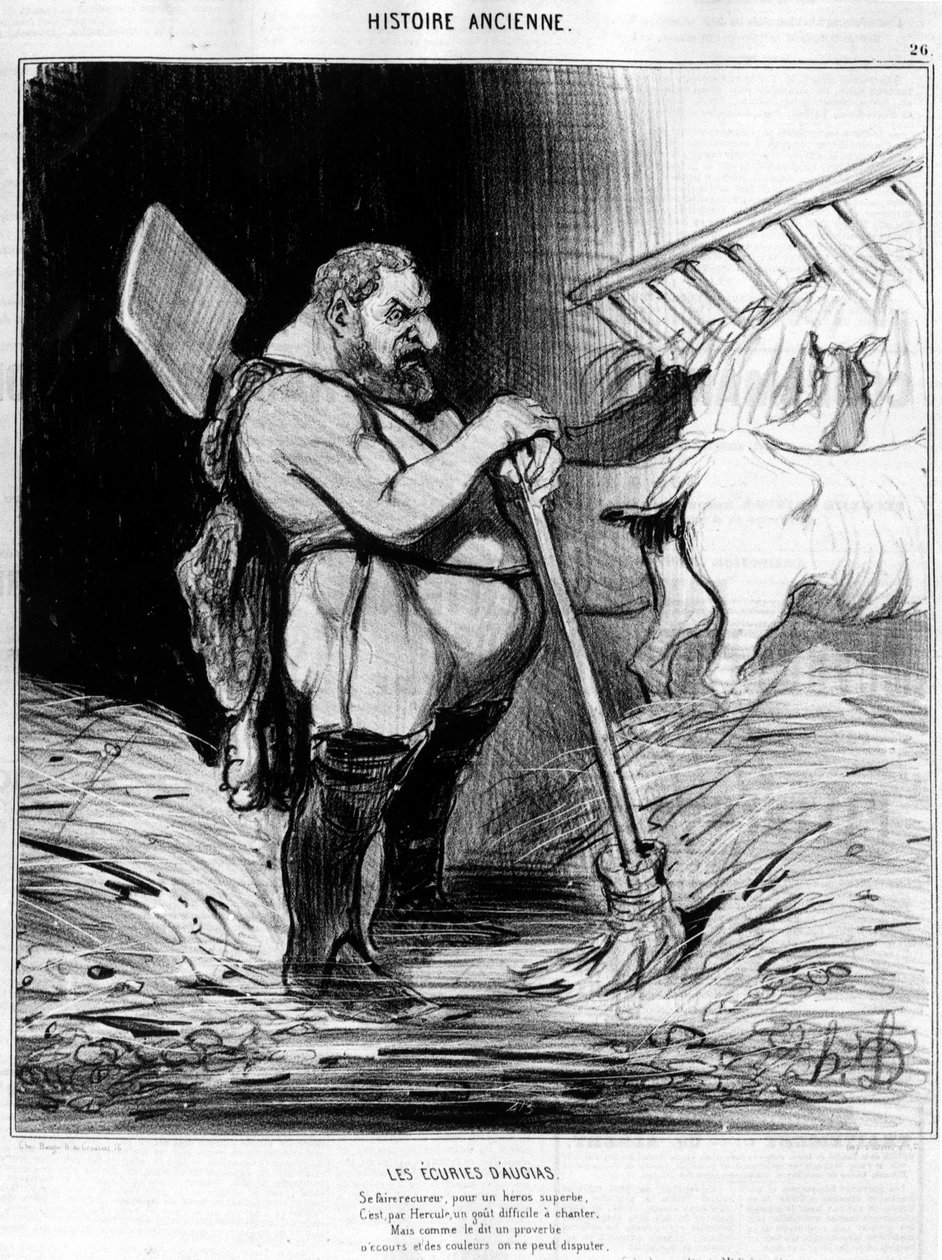 Stajnia Augiasza. Człowiek o wyglądzie karła w stajni: zaczerpnięte z "Historii starożytnej", karykatura autorstwa Honore Daumiera autorstwa Honoré Daumier