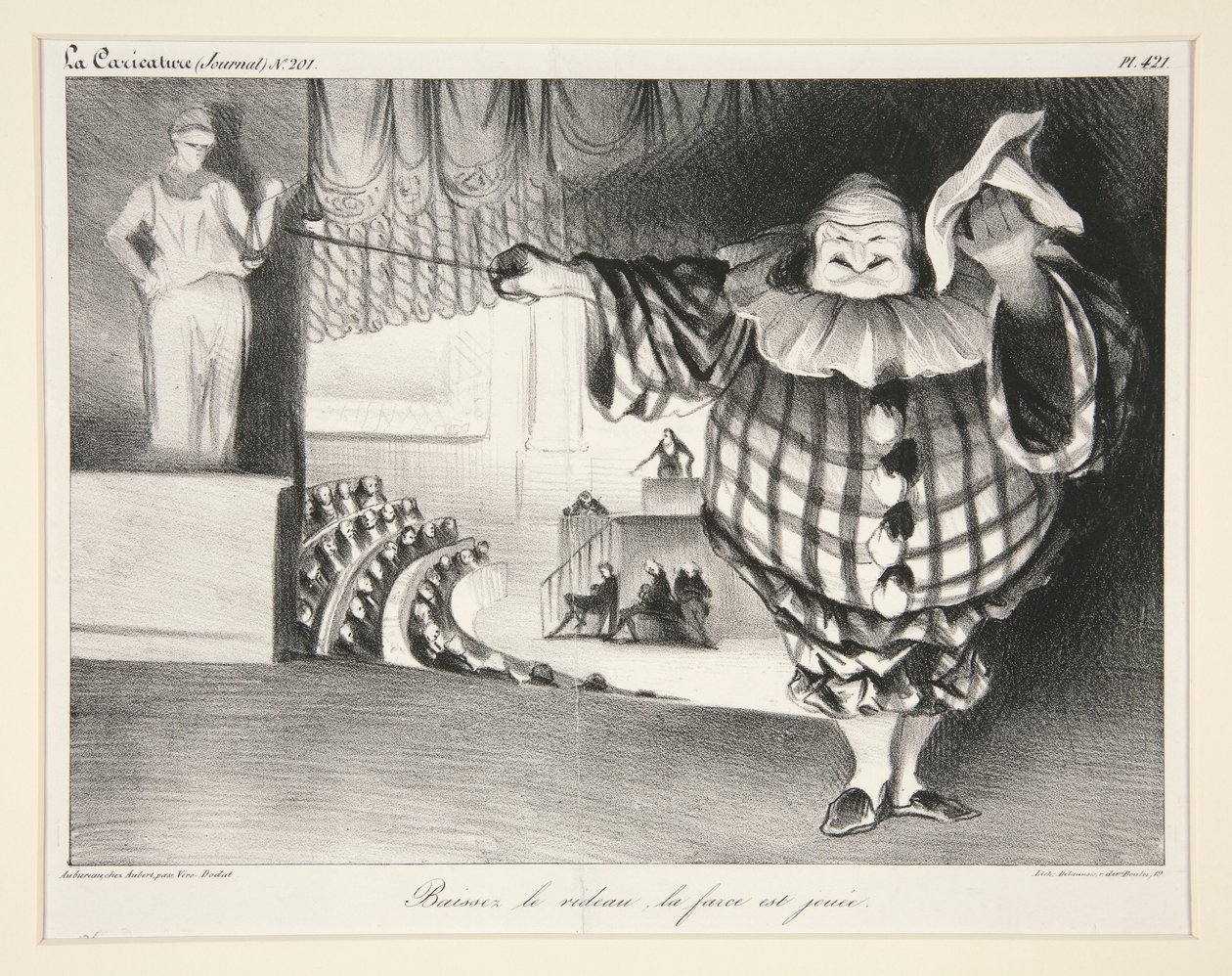 Baissez le rideau, la farce est jou?e. (Opuść kurtynę, koniec farsy.), pl. 421 z czasopisma La Caricature nr. 201 autorstwa Honoré Daumier