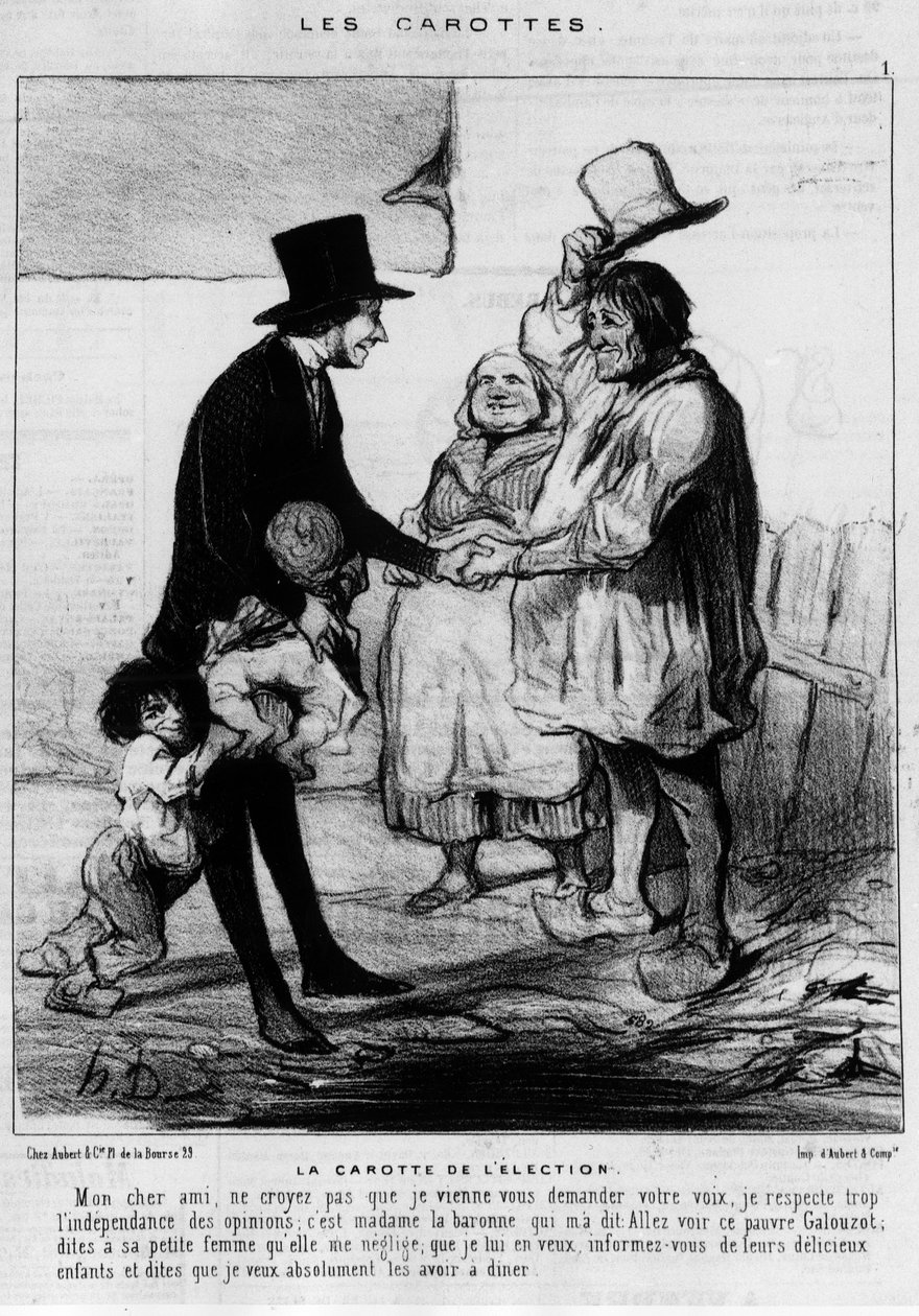 Kandydat na wizytę wyborczą w rodzinie chłopskiej: „Marchewka wyborcza” – karykatura Daumiera, w „Charivari” z 21.03.1844 autorstwa Honoré Daumier