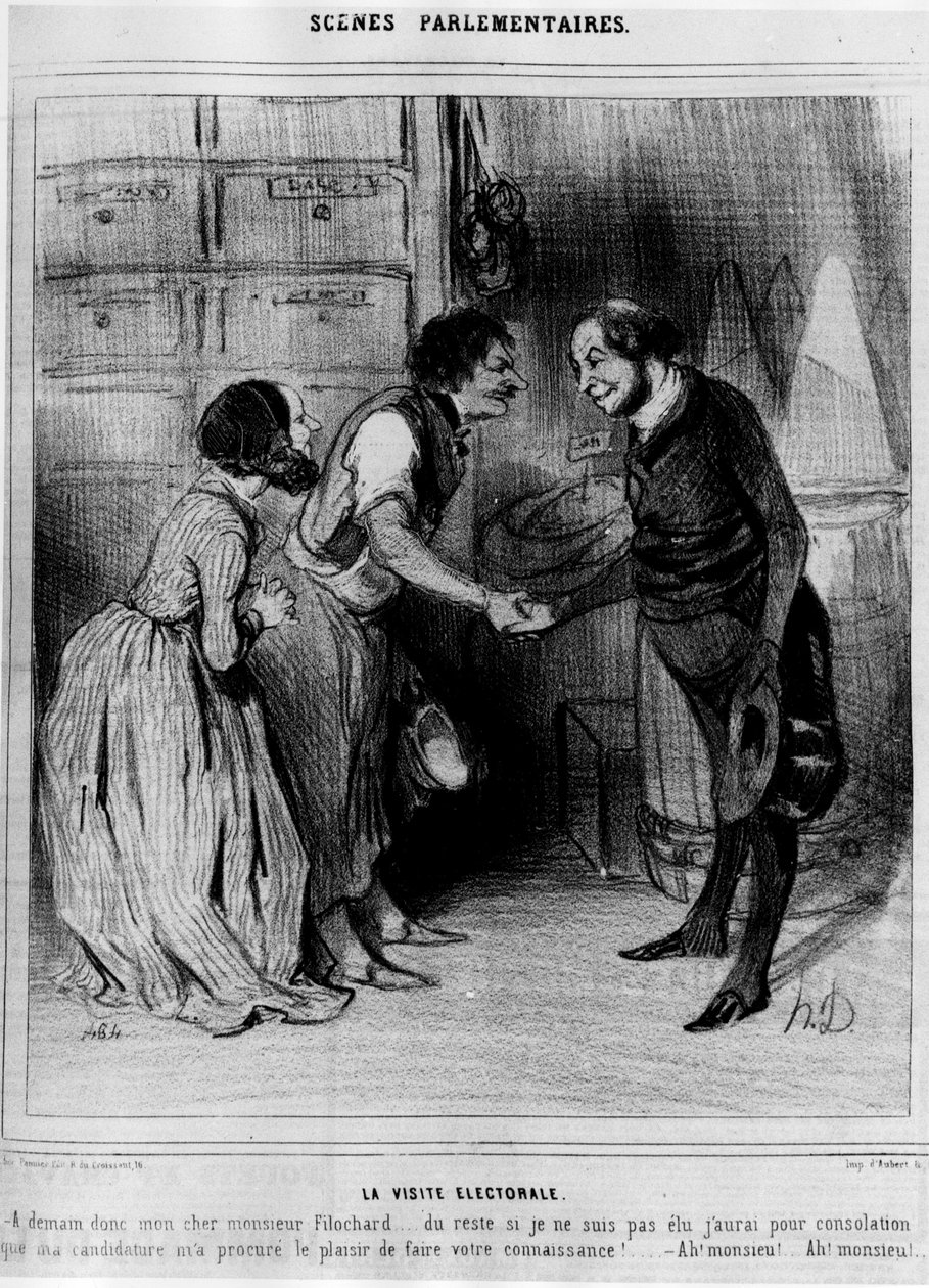 Kandydat na wizytę wyborczą u kupców: „Wizyta wyborcza”” – karykatura Daumiera, w „Charivari” z 08.04.1844 r. autorstwa Honoré Daumier