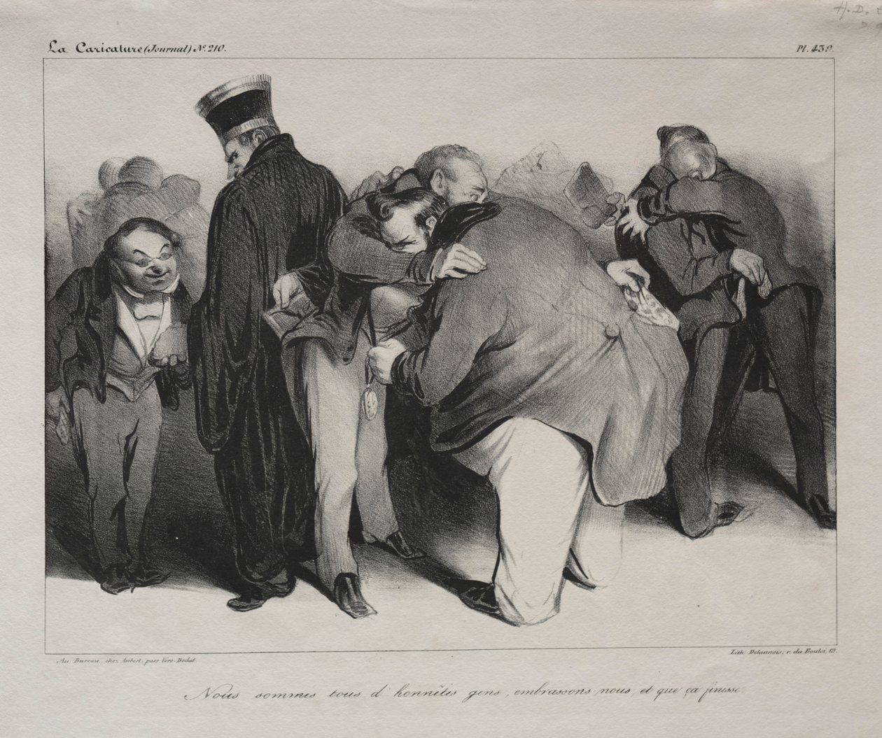 Karykatura, tablica 439: Wszyscy jesteśmy uczciwymi ludźmi, więc obejmijmy się i skończmy z tym, 1834. autorstwa Honoré Daumier