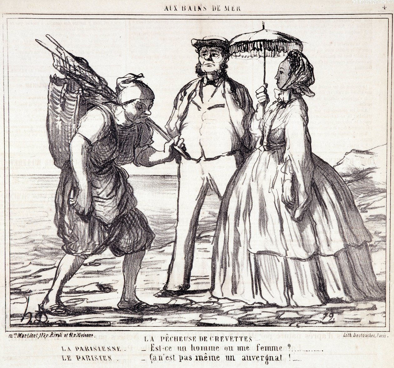 Kreskówka o paryskich turystach na wakacjach. Seria „”Axe Bains de Mer””: „”The shrimp fishing...” Grawerowanie autorstwa Honore DAUMIER (1808-1879). Wyciąg z gazety „Le Charivari” z 5 września autorstwa Honoré Daumier