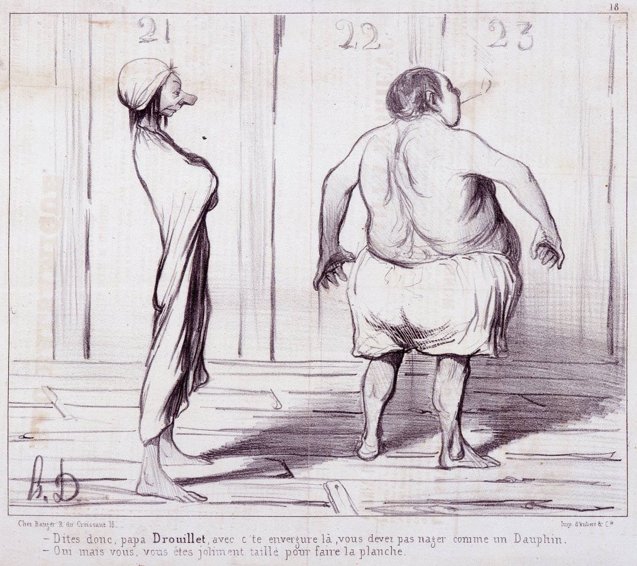 Kreskówka o występach. Seria „Kąpiący się””: Powiedz ojcu Drouillet...”” Grawerowanie autorstwa Honore DAUMIER (1808-1879). Wyciąg z gazety „Le Charivari””. Wymiary 25x36cm. box 12 Marseille, Musee des Beaux-Arts, Palais Longchamps, Collection Arts Graphi autorstwa Honoré Daumier