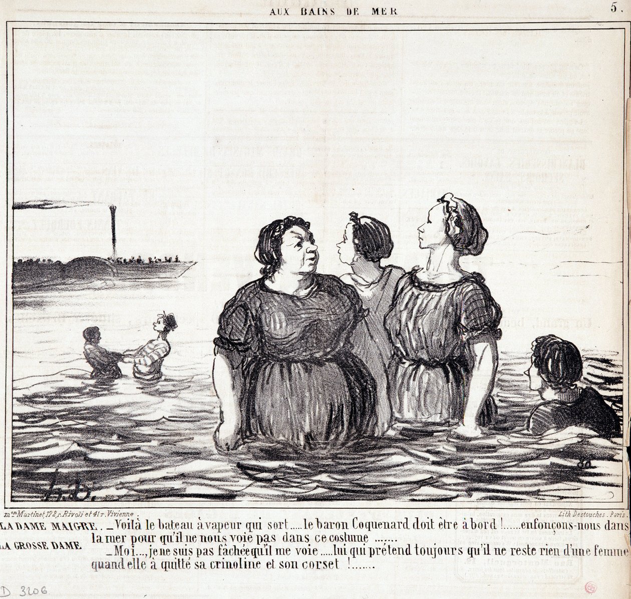 Kreskówka o wyglądzie i modzie. Seria „Les Bains de Mer””: „”Chuda dama (...), gruba dama (...)” Rycina Honore DAUMIER (1808-1879). Wyciąg z gazety „Le Charivari” z 16 września autorstwa Honoré Daumier