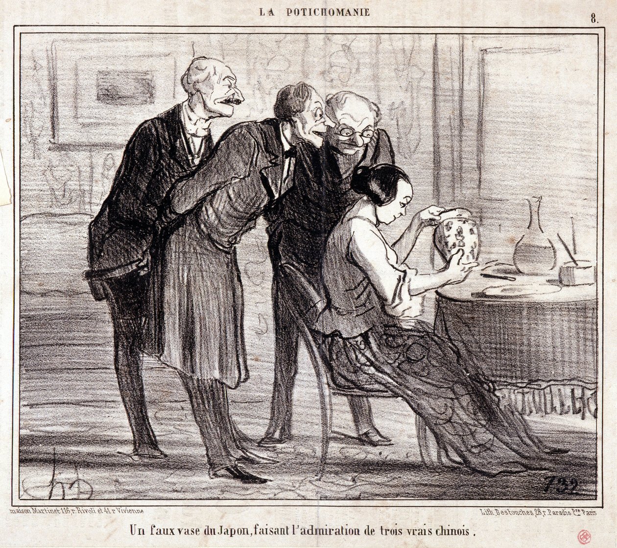 Kreskówka o kolekcjonerach sztuki. Seria „”Potichomania””: „”Fałszywy wazon z Japonii podziwiający trzech Chińczyków”. Grawerowanie autorstwa Honore DAUMIER (1808-1879). Wyciąg z gazety „Le Charivari”” autorstwa Honoré Daumier