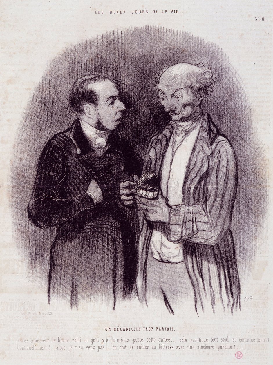 Kreskówka o stomatologach. Seria „Piękne dni życia””: Mechanik zbyt doskonały...””. Grawerowanie autorstwa Honore DAUMIER (1808-1879). Wyciąg z gazety „Le Charivari”” 22 września autorstwa Honoré Daumier