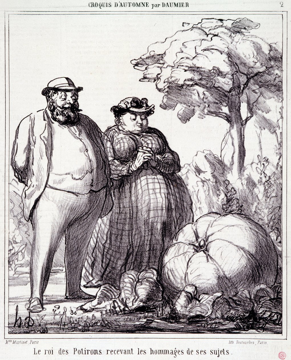 Kreskówka o ogrodnictwie. Seria „”Szkic jesienny”””””: „”Król dyni odbierający hołdy od swoich poddanych””. Grawerowanie autorstwa Honore DAUMIER (1808-1879). Wyciąg z gazety „Le Charivari” z 23 września autorstwa Honoré Daumier
