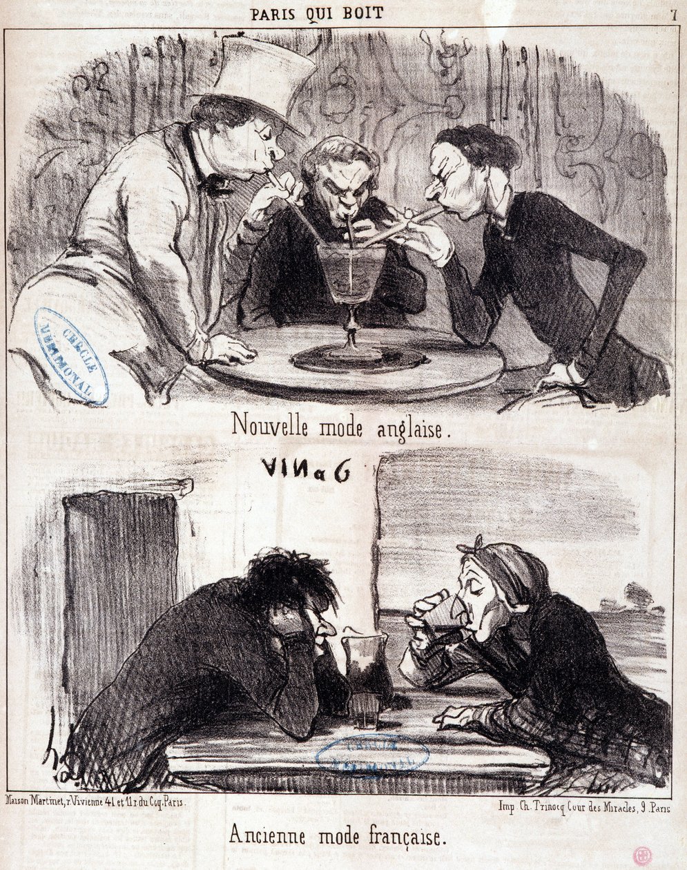 Kreskówka o nadużyciach gastronomicznych. Seria „Paris qui drinki”: nowa moda angielska i stara francuska moda. Grawerowanie autorstwa Honore DAUMIER (1808-1879). Wyciąg z gazety „Le Charivari” 23 czerwca 1852 wym. 37x26 cm Inv D 2312 - pudełko 24 N¡7. Mar autorstwa Honoré Daumier