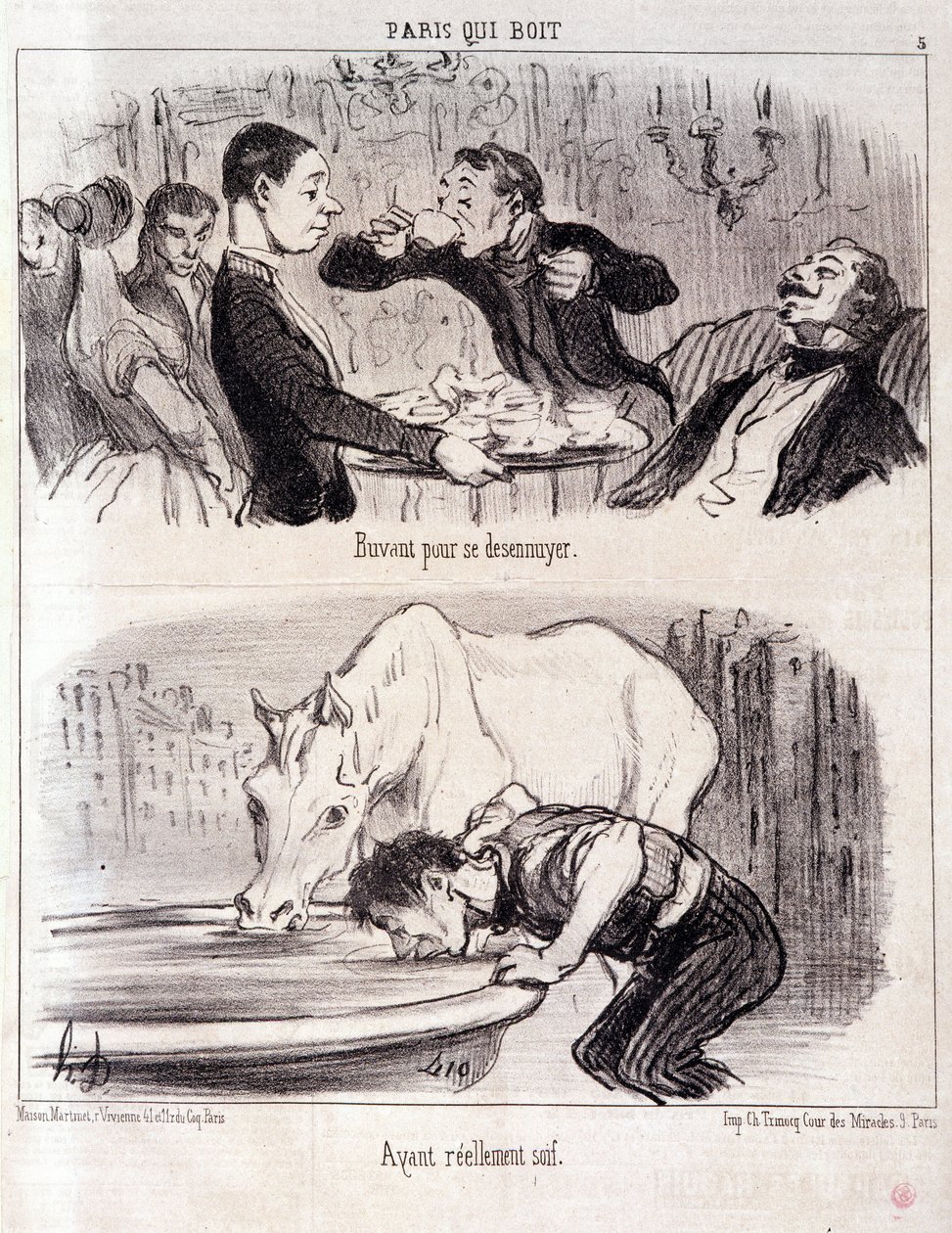 Kreskówka o nadużyciach gastronomicznych. Serie Paris picie: „” Picie, żeby się nudzić. Naprawdę spragniony. Grawerowanie autorstwa Honore DAUMIER (1808-1879). Wyciąg z gazety „Le Charivari” 16 czerwca 1852 wym. 37x26cm Inv D 2310 - pudełko 24 N¡5. Marsyli autorstwa Honoré Daumier