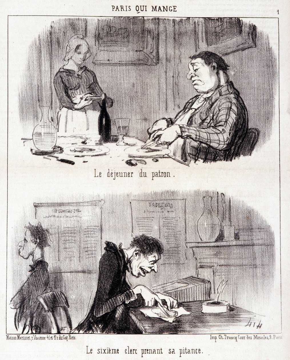 Kreskówka o nadużyciach gastronomicznych. Serie „” Paris qui mange””: śniadanie szefa. Szósty urzędnik żałuje. Grawerowanie autorstwa Honore DAUMIER (1808-1879). Wyciąg z gazety „Le Charivari” z 26 czerwca autorstwa Honoré Daumier