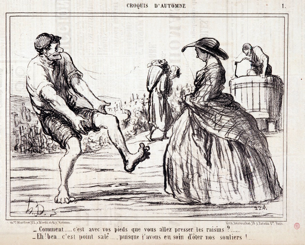 Kreskówka o kombajnach depczących boso winogrona. Seria „” Autumn Sketch””: „” Jak… zamierzasz wyciskać winogrona stopami? ...” Grawerowanie autorstwa Honore DAUMIER (1808-1879). Wyciąg z gazety „Le Charivari”” autorstwa Honoré Daumier
