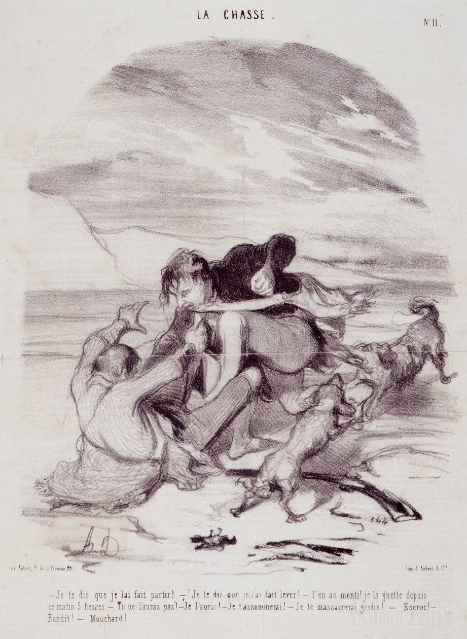 Kreskówka o myśliwych. Seria „Piękne dni życia – polowanie””: „”Mówię ci, że kazałam mu odejść…”” Grawer Honore DAUMIER (1808-1879). Wyciąg z gazety „Le Charivari” z 10 stycznia autorstwa Honoré Daumier