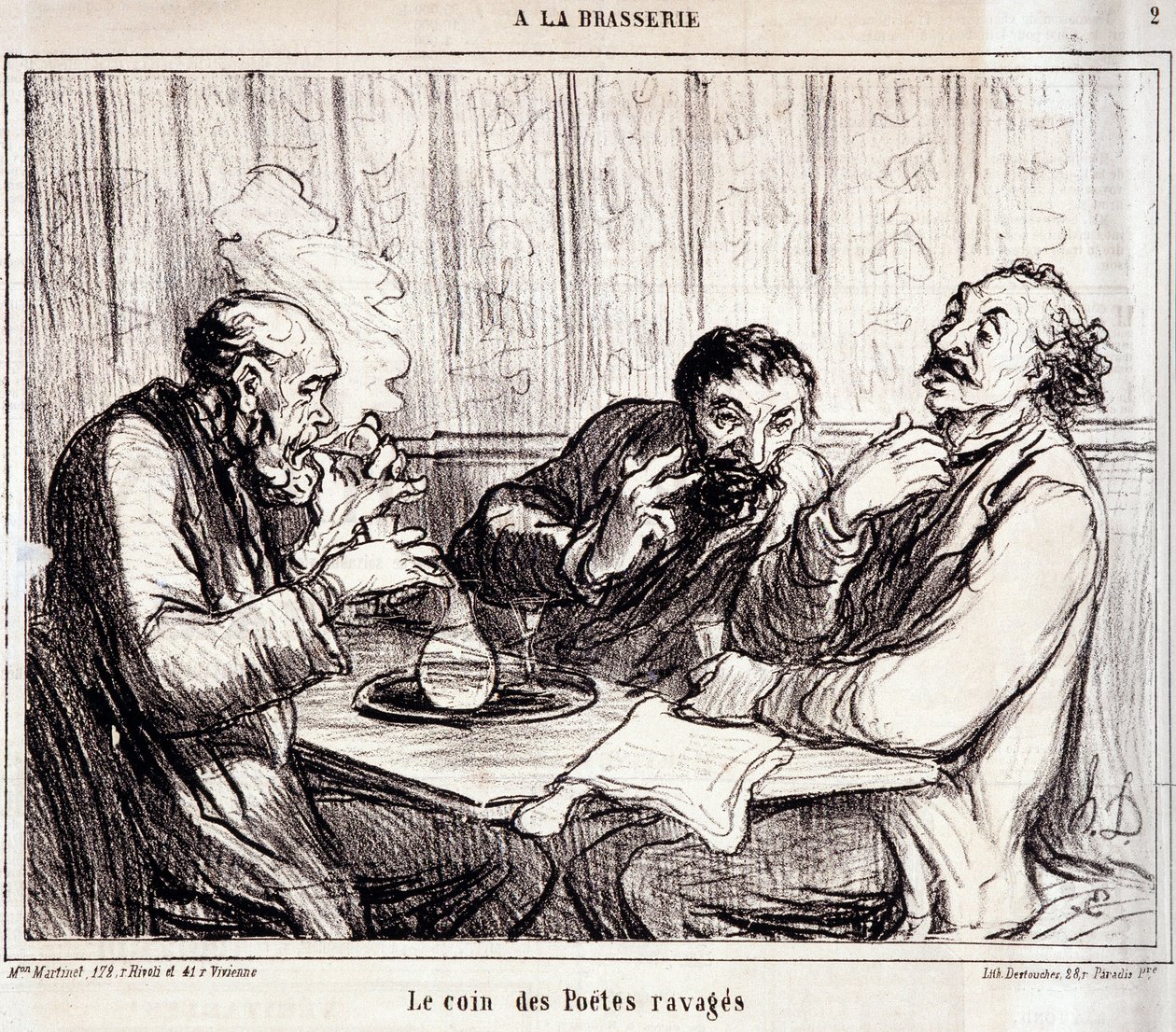 Kreskówka o pisarzach wierszy. Seria „”A la brasserie””: „”Kącik spustoszonych poetów”””. Grawerowanie autorstwa Honore DAUMIER (1808-1879). Wyciąg z gazety „Le Charivari”” 7 stycznia autorstwa Honoré Daumier