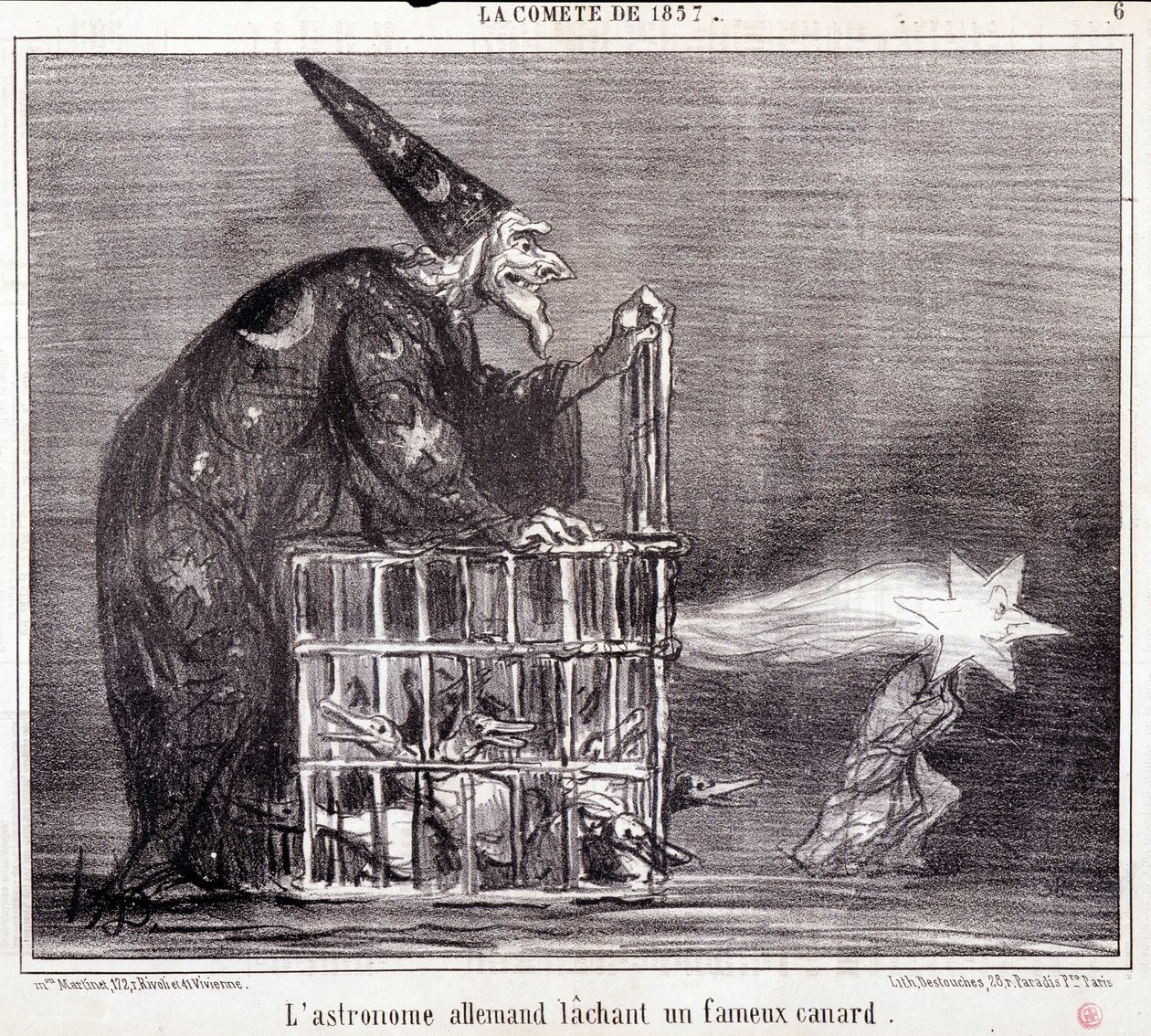 Kreskówka o nauce. Serie Sur „”Koeta 1857”””””: „”Niemiecki astronom opuszcza słynną kaczkę”””. Grawerowanie autorstwa Honore DAUMIER (1808-1879). Wyciąg z gazety „Le Charivari”” 2 marca autorstwa Honoré Daumier
