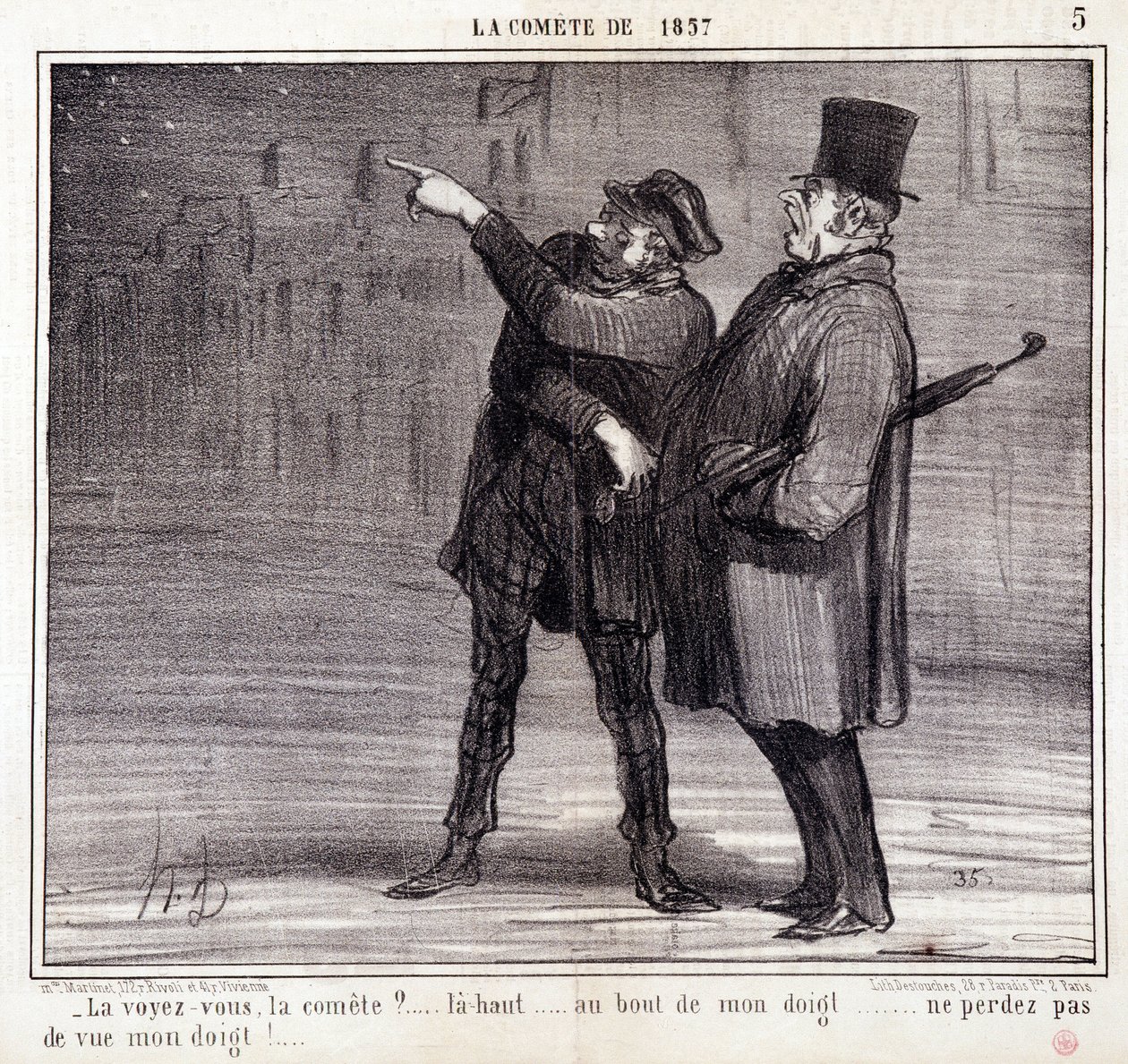 Kreskówka o nauce. Serial na temat „”Komety 1857”: „”Widzisz komitet?...” Złodziej odwraca uwagę ofiary. Grawerowanie autorstwa Honore DAUMIER (1808-1879). Wyciąg z gazety „Le Charivari”” 19 marca autorstwa Honoré Daumier