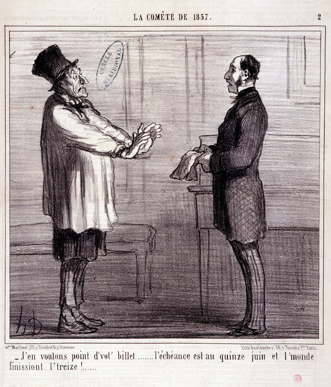 Kreskówka o nauce. Seria o „Kotecie 1857””: Nie chcę biletu...” Grawer Honore DAUMIER (1808-1879). Wyciąg z gazety „Le Charivari” 4 marca autorstwa Honoré Daumier