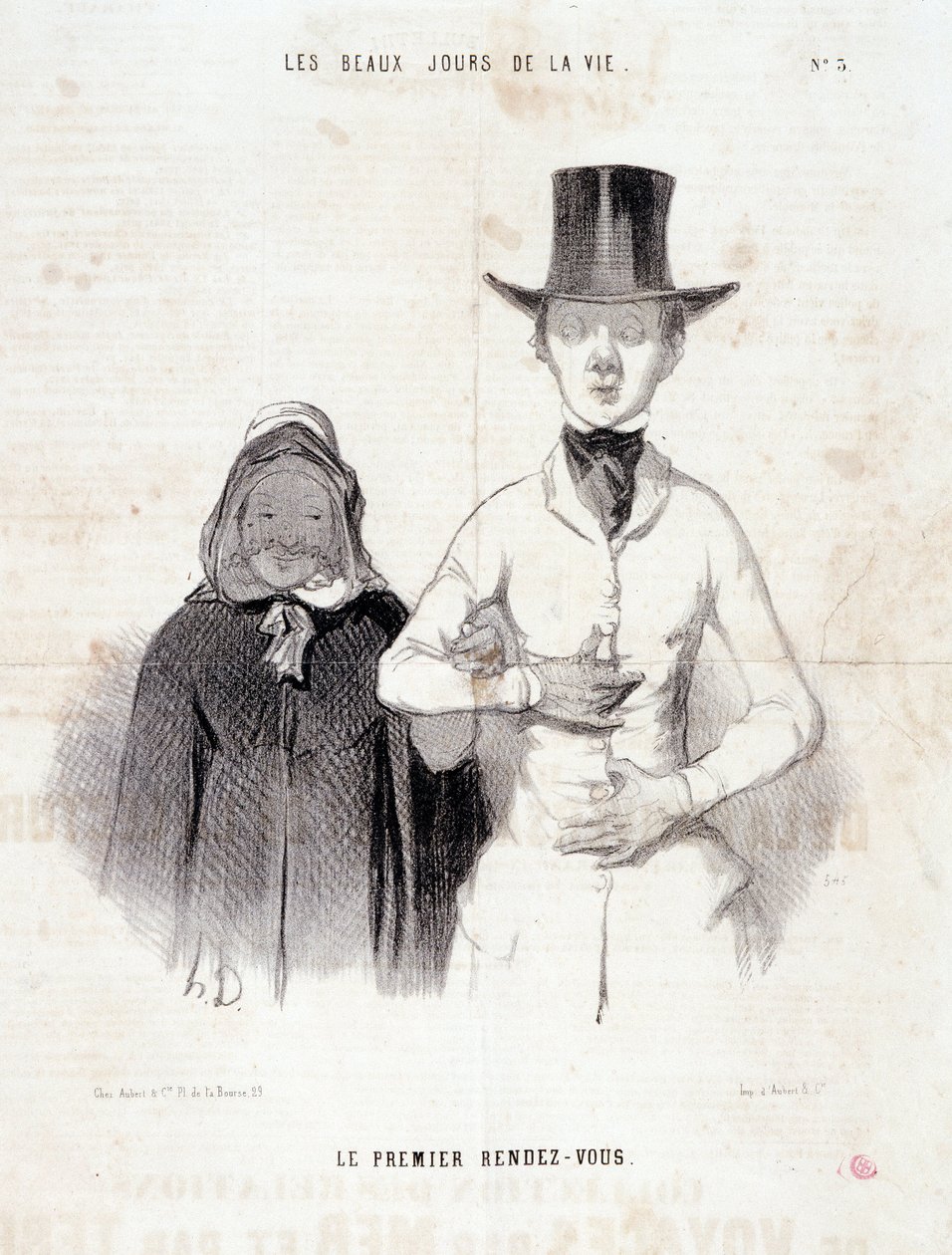 Kreskówka o parze: Seria „Piękne dni życia””: „Pierwsza randka”. Grawerowanie autorstwa Honore DAUMIER (1808-1879). Wyciąg z gazety „Le Charivari”, 2-3 stycznia autorstwa Honoré Daumier