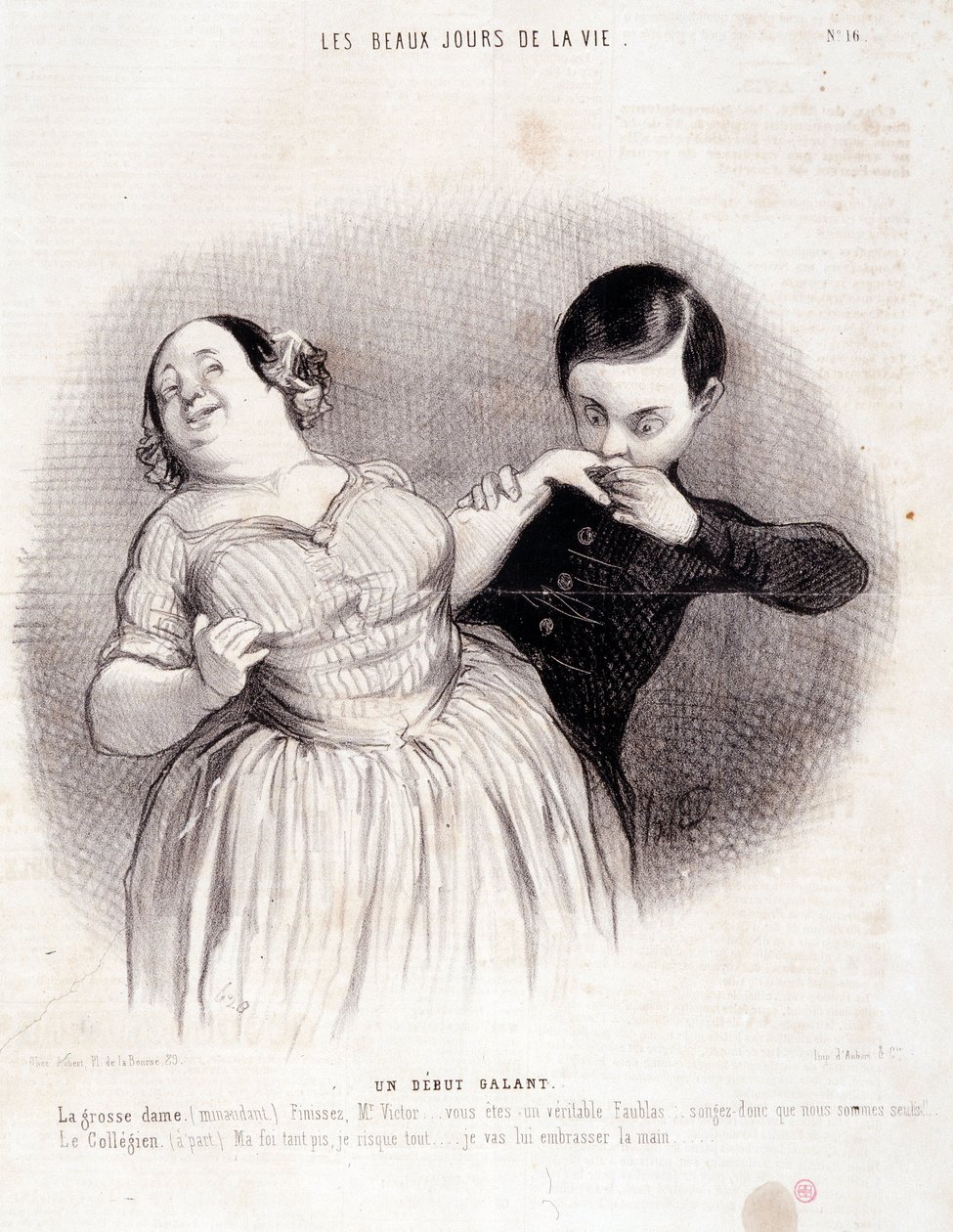 Kreskówka o parze. Seria „Piękne dni życia”: „”Szarmancki początek...””Grawer Honore DAUMIER (1808-1879). Wyciąg z gazety „Le Charivari” z 10 lipca autorstwa Honoré Daumier