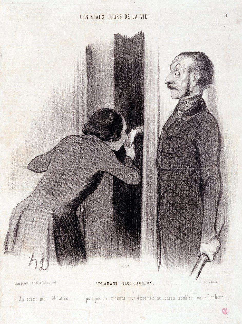Kreskówka o parze. Seria „Piękne dni życia”: „Kochanek zbyt szczęśliwy...” Grawer Honore DAUMIER (1808-1879). Wyciąg z gazety „Le Charivari” z 1 września autorstwa Honoré Daumier