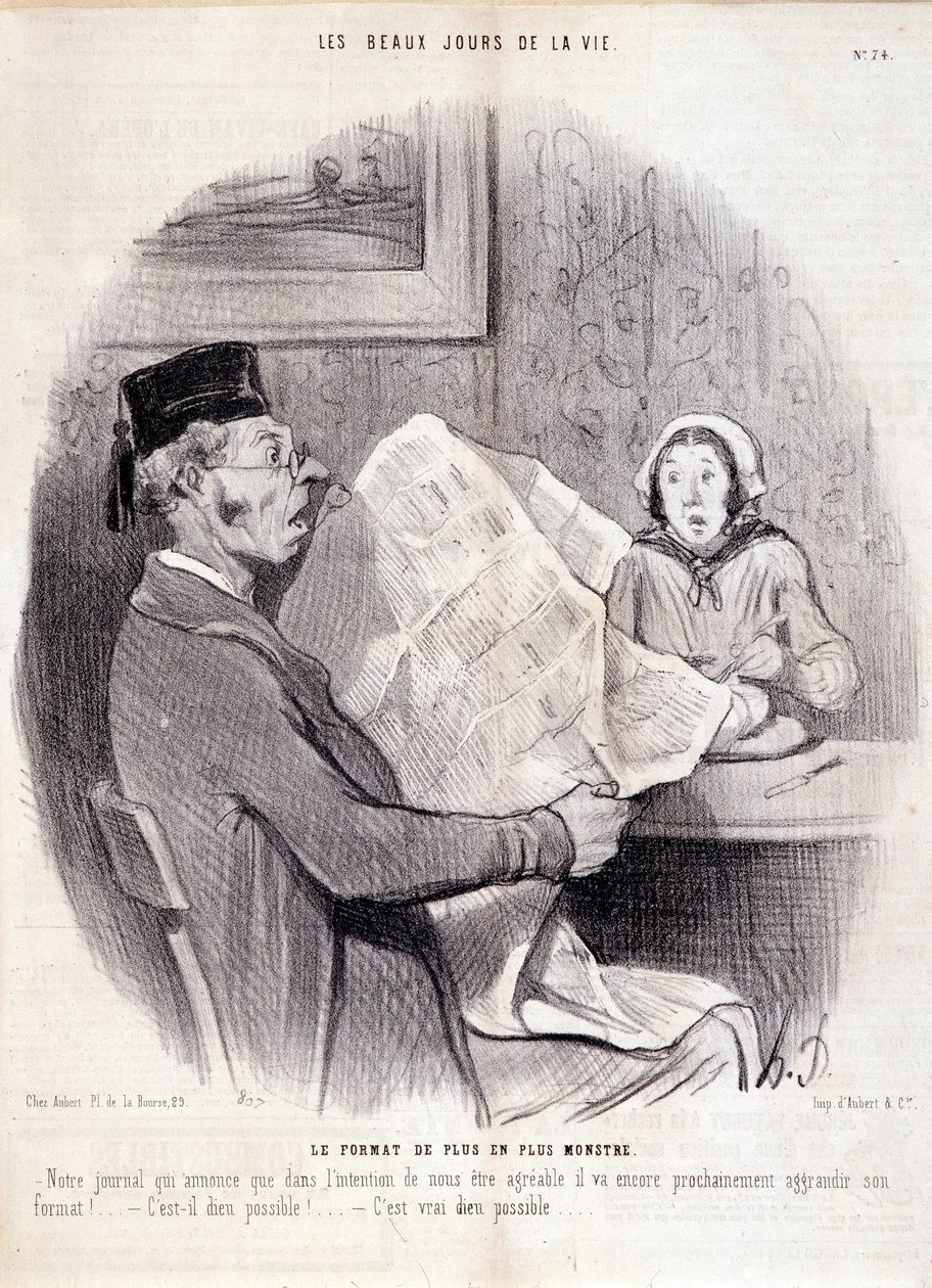 Kreskówka o prasie. Seria „Piękne dni życia””: „”Coraz bardziej potworny format…””. Grawerowanie autorstwa Honore DAUMIER (1808-1879). Wyciąg z gazety „Le Charivari” z 18 października autorstwa Honoré Daumier