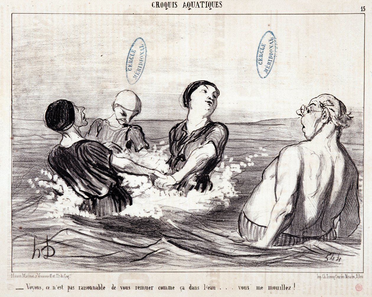 Kreskówka o turystach na wakacjach nad morzem. Seria „Les Bains de Mer””: „”Szkic wodny. Zobaczmy, że nie jest rozsądne mieszać cię w ten sposób w wodzie... zmoczyłeś mnie!” Grawerowanie autorstwa Honore DAUMIER (1808-1879). Wyciąg z gazety „Le Chariv autorstwa Honoré Daumier