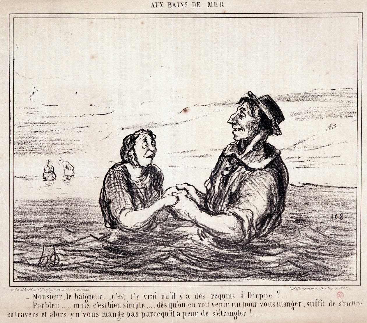 Kreskówka o turystach na wakacjach. Serie „” aux Bains de Mer””: „” Monsieur le bathneur... czy to prawda, że w Dieppe są rekiny?...” Grawerowanie autorstwa Honore DAUMIER (1808-1879). Wyciąg z gazety „Le Charivari” z 8 czerwca autorstwa Honoré Daumier