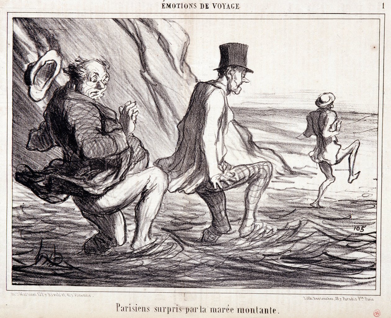 Kreskówka o turystach na wakacjach. Seria „” Axe Bains de Mer: „” Podróżnicze emocje. Paryżanka złapana przez wschodzącą klacz””. Grawerowanie autorstwa Honore DAUMIER (1808-1879). Wyciąg z gazety „Le Charivari” z 8 października autorstwa Honoré Daumier