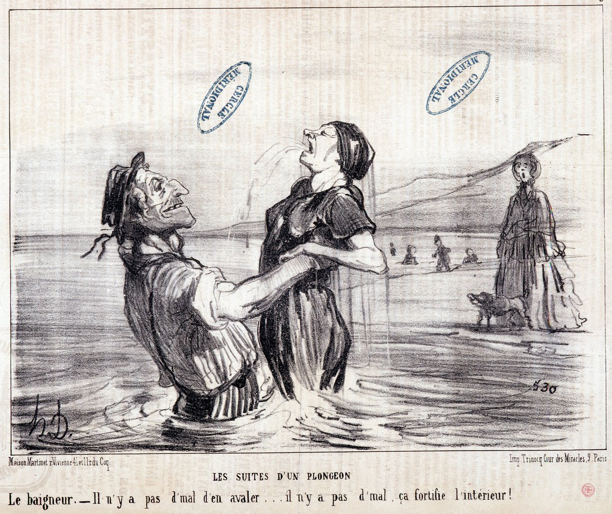 Kreskówka o turystach na wakacjach. Seria „Les Bains de Mer””: „”Szkic wodny. Sekwencje nurkowania””. Grawerowanie autorstwa Honore DAUMIER (1808-1879). Wyciąg z gazety „Le Charivari” z 1853 r. Wymiary: 24x28cm. Inv 2453 - pudełko 12 N¡1. Marsylia, M autorstwa Honoré Daumier