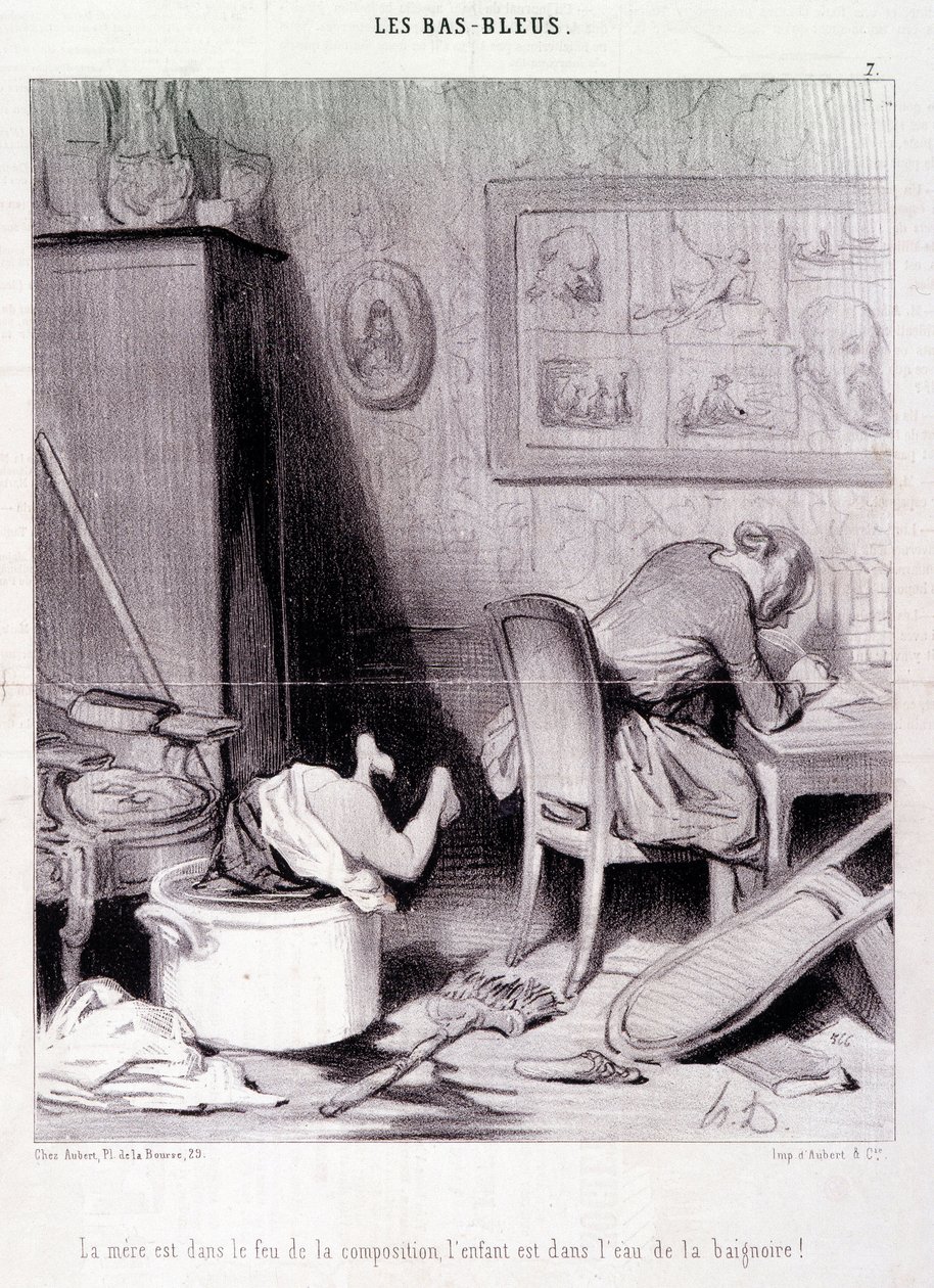 Kreskówka o kobietach pisarzy. Serie „” Bas Bleus””: „” Matka jest w ogniu kompozycji, dziecko jest w wodzie wanny! Grawer „” Honore DAUMIER (1808-1879). Wyciąg z gazety „Le Charivari” z 20 lutego autorstwa Honoré Daumier