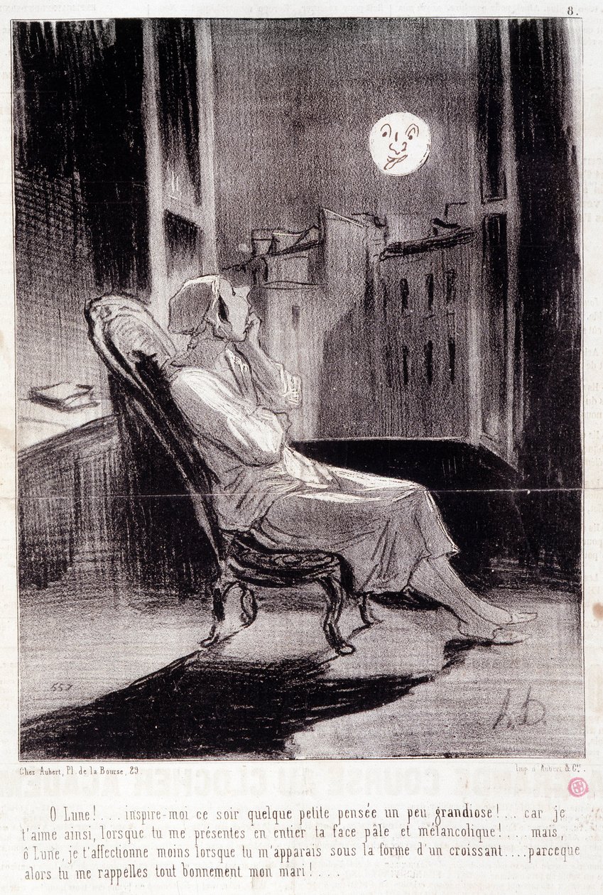 Kreskówka o kobietach pisarzy. Seria „” Bas Bleus””: „” O! Księżyc inspiruje mnie dziś wieczorem...”” Grawerowanie autorstwa Honore DAUMIER (1808-1879). Wyciąg z gazety „Le Charivari”” 28 lutego autorstwa Honoré Daumier