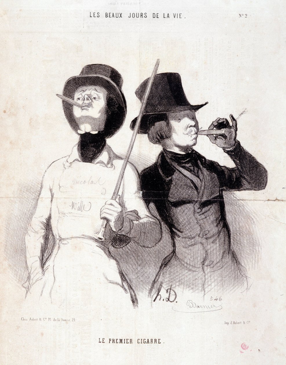 Kreskówka o młodym Dandysie. Seria „Piękne dni życia”: „Pierwsze cygaro”. Grawerowanie autorstwa Honore DAUMIER (1808-1879). Wyciąg z gazety „Le Charivari” z dnia 31 grudnia 1843 wym. 37x25cm Inv 1089 - box 8 N¡2. Marsylia, Musee des Beaux autorstwa Honoré Daumier