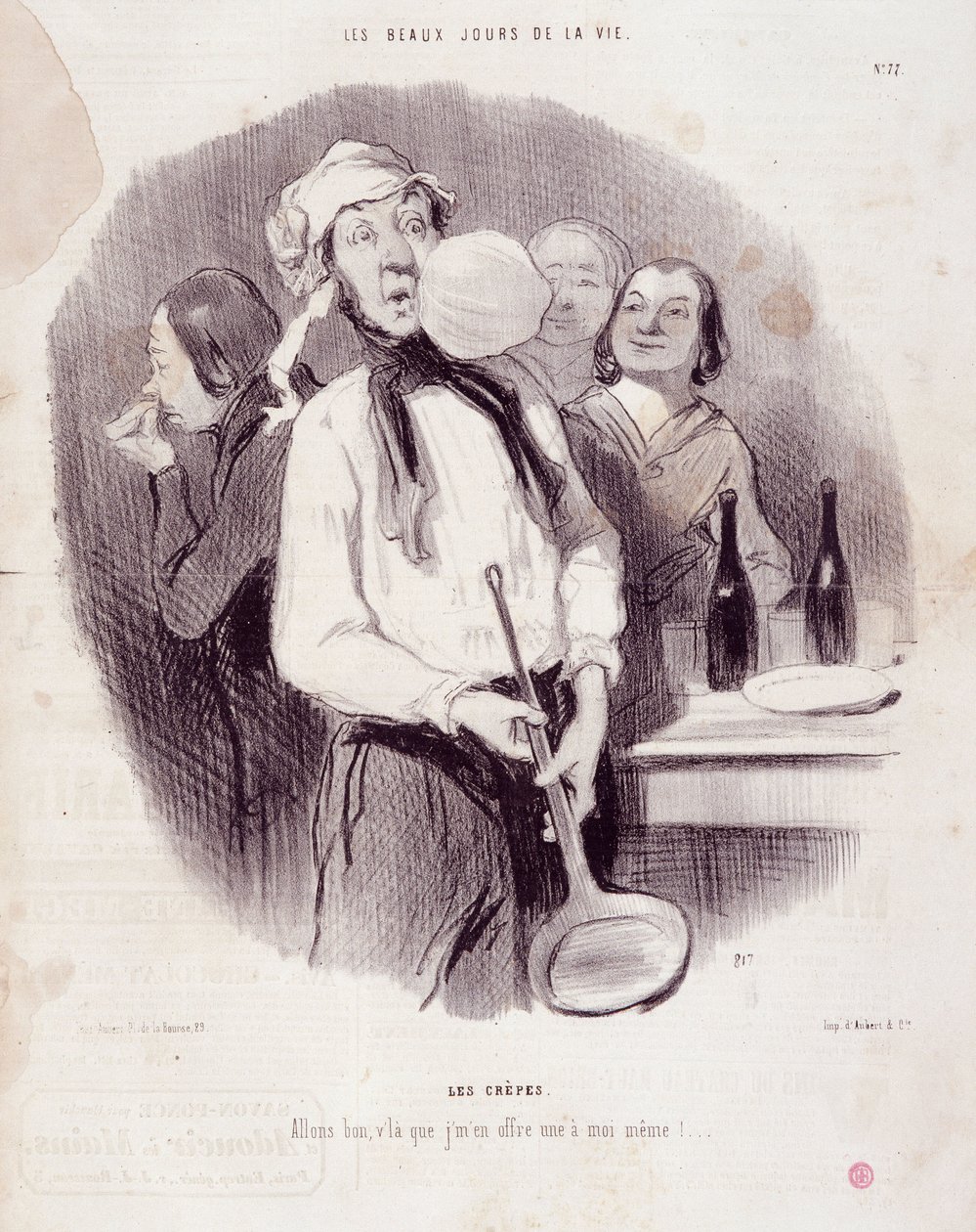 Kreskówka niezdarnego człowieka. Seria „”Les Beaux Days de la Vie””: „”Les crepes...””Grawer Honore DAUMIER (1808-1879). Wyciąg z gazety „Le Charivari”” 14 listopada autorstwa Honoré Daumier