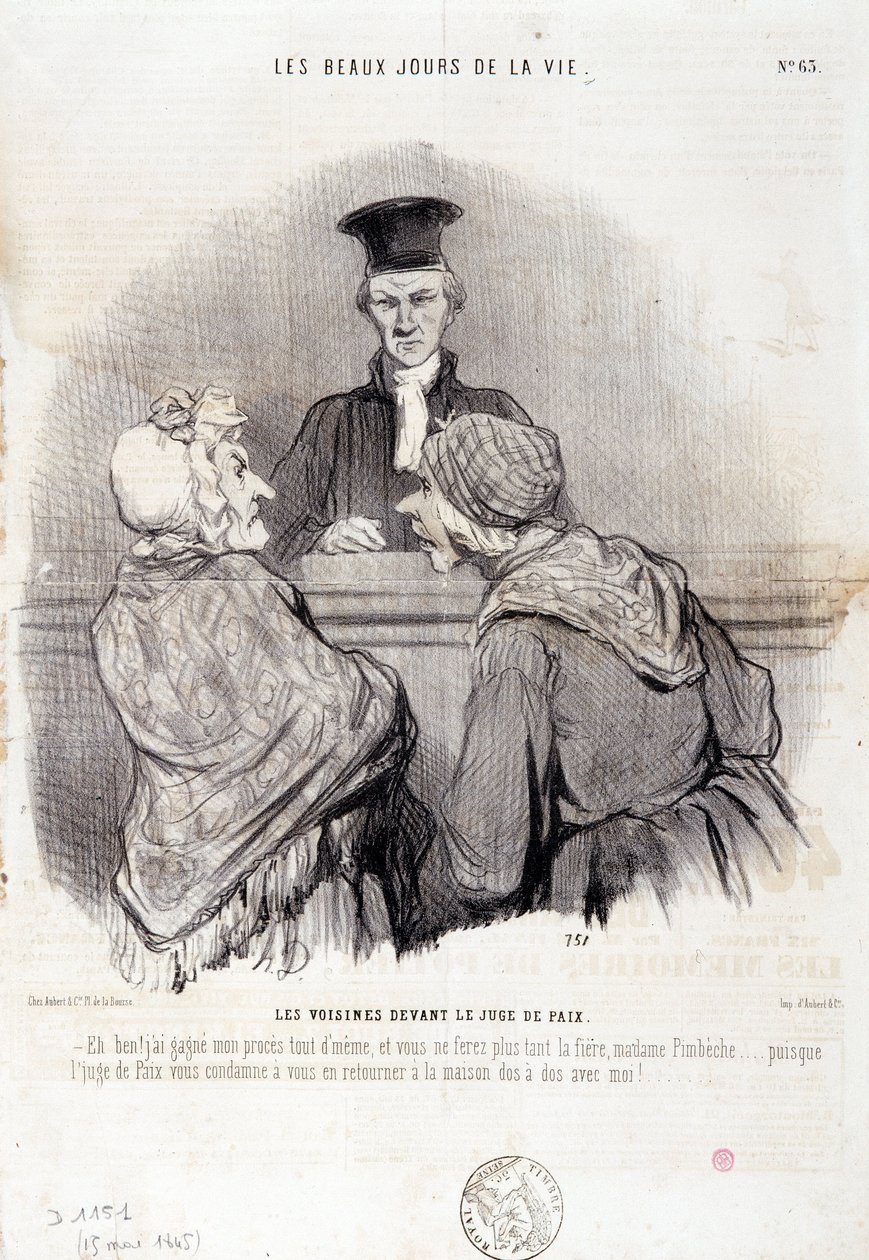 Karykatura o stosunkach sąsiedzkich: Seria „Piękne dni życia””: „”Sąsiedzi przed sprawiedliwością pokoju...”” Grawer Honore DAUMIER (1808-1879). Wyciąg z gazety „Le Charivari” z 15 maja autorstwa Honoré Daumier