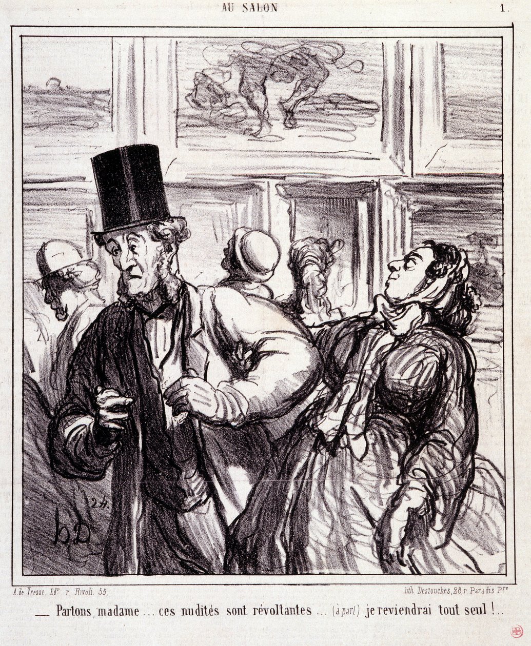 Karykatura o miłośnikach sztuki: Serie „”Au salon””: Zostawmy panią... te nagości to buntownicy... wrócę sama”” Grawer Honore DAUMIER (1808-1879). Wyciąg z gazety „Le Charivari” z 5 maja autorstwa Honoré Daumier