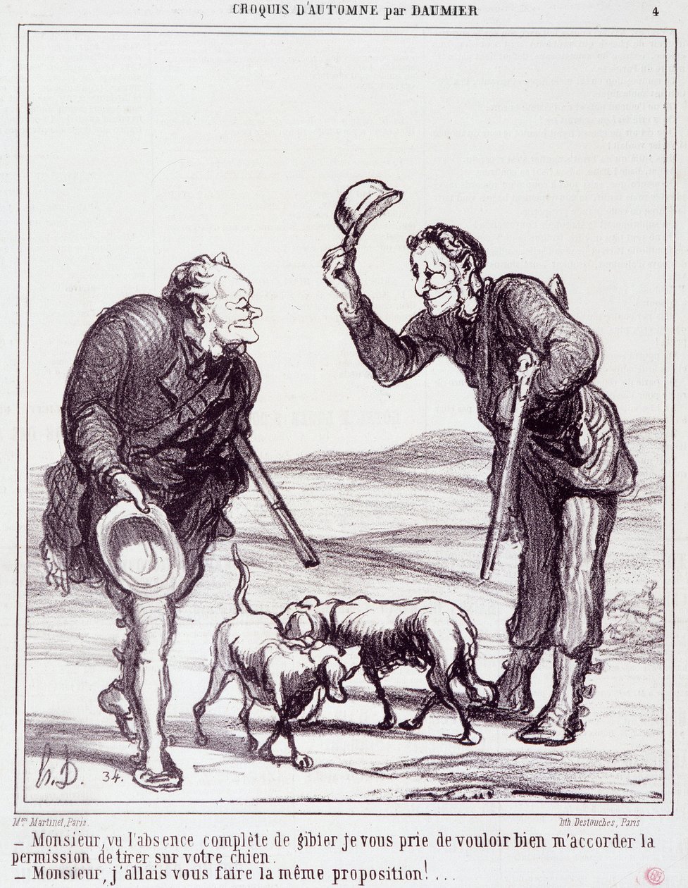 Karykatura o myśliwych: Seria „”Jesienny szkic””: „”Proszę pana, z uwagi na całkowity brak zwierzyny, proszę o pozwolenie na zastrzelenie pana psa...”” Grawer Honore DAUMIER (1808-1879). Wyciąg z gazety „Le Charivari” z 28 września autorstwa Honoré Daumier