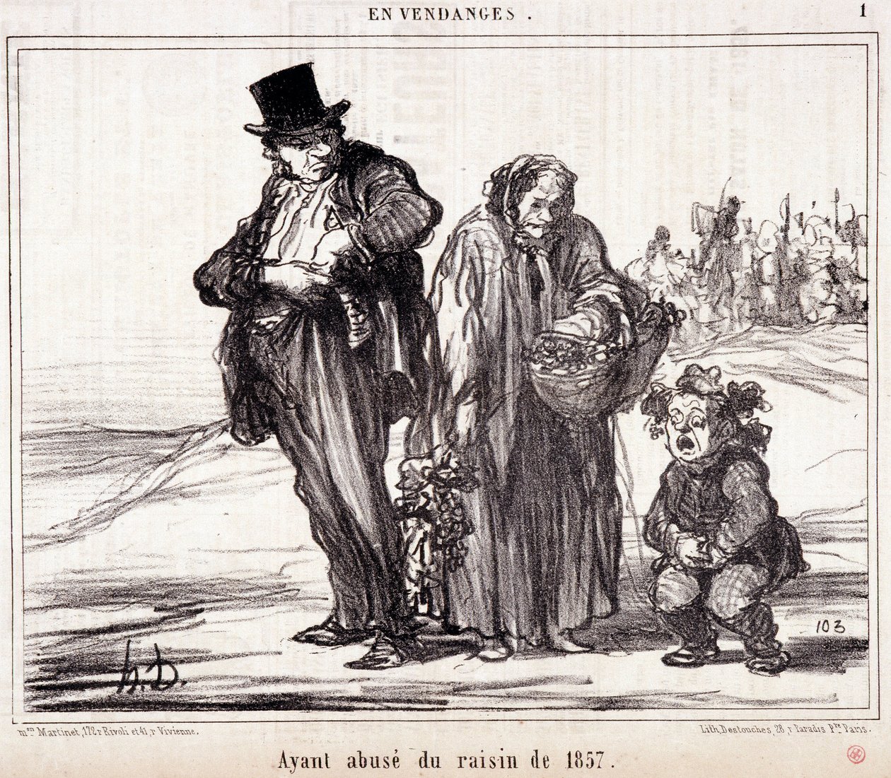 Kreskówka na uprawie winorośli. Seria „” Jesienny szkic””: „” W żniwach. O nadużyciu winogron z 1857 r.”” Grawer Honore DAUMIER (1808-1879). Wyciąg z gazety „Le Charivari”” 16 października autorstwa Honoré Daumier
