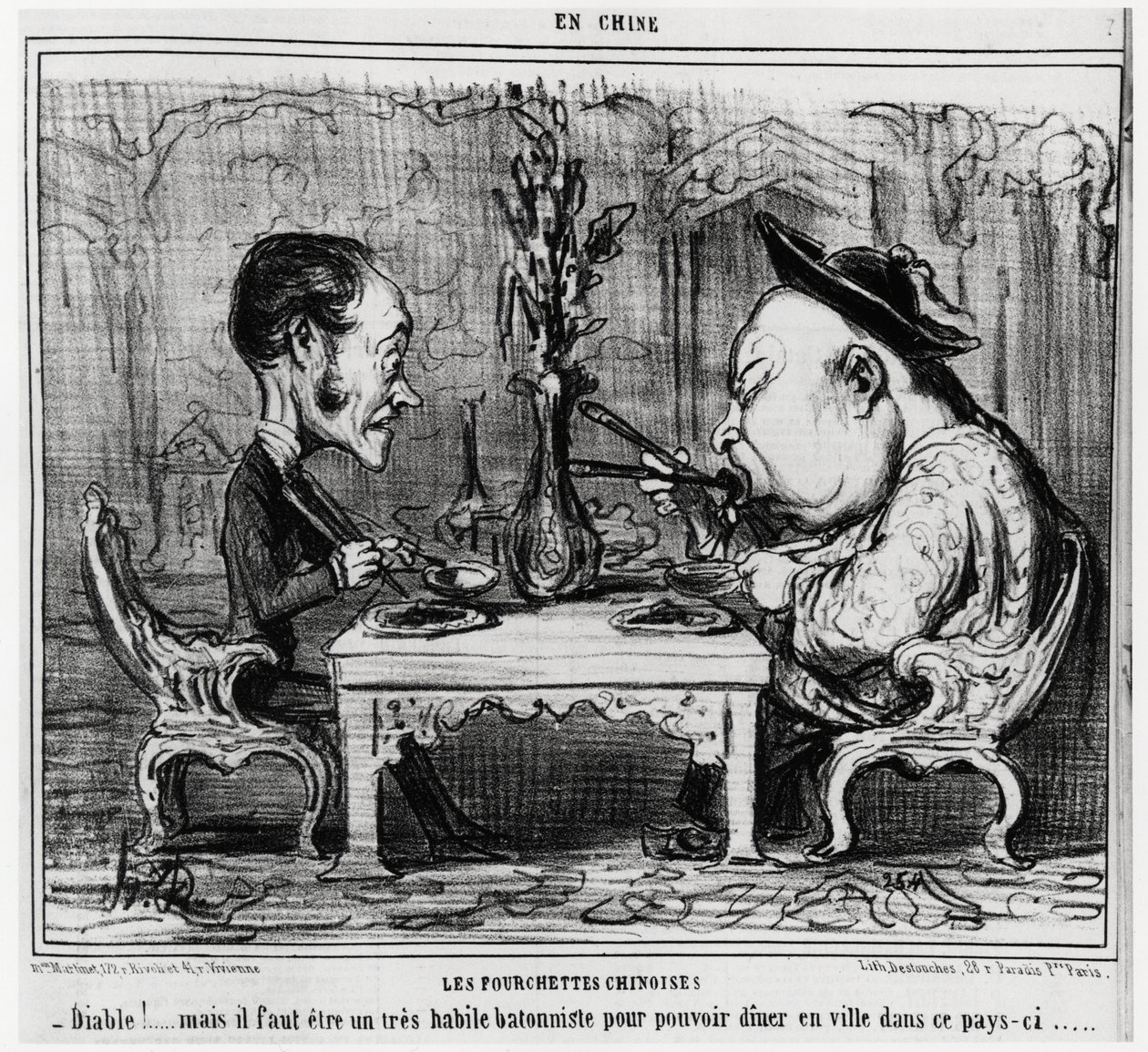 Chińskie widelce: „Diabeł! ale trzeba być bardzo uzdolnionym pałkarzem, żeby móc zjeść obiad w mieście w tym kraju. „”, w serii En Chine, ilustracja Honore Daumier (1808-1879), opublikowana w „”Charivari”” autorstwa Honoré Daumier