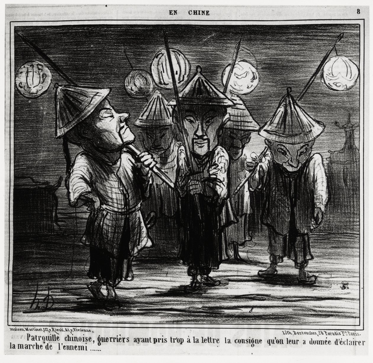 Patrol chiński, wojownicy za bardzo brali pod uwagę instrukcje, które otrzymali, aby oświetlić marsz wroga. In serie En Chine, ilustracja Honore Daumier (1808-1879), opublikowana w „Charivari” z 25 stycznia autorstwa Honoré Daumier