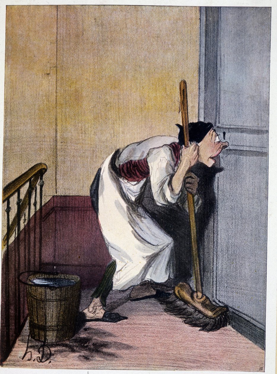 Concierge patrzący przez dziurkę od klucza - rysunek Daumiera, b.d. 19. autorstwa Honoré Daumier