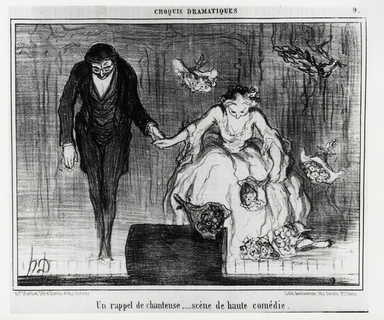 Dramatyczne szkice: przypomnienie o piosenkarce, scena wysokiej komedii. Ilustracja Honore Daumiera (1808-1879), opublikowana w „Charivari” z 9 stycznia autorstwa Honoré Daumier