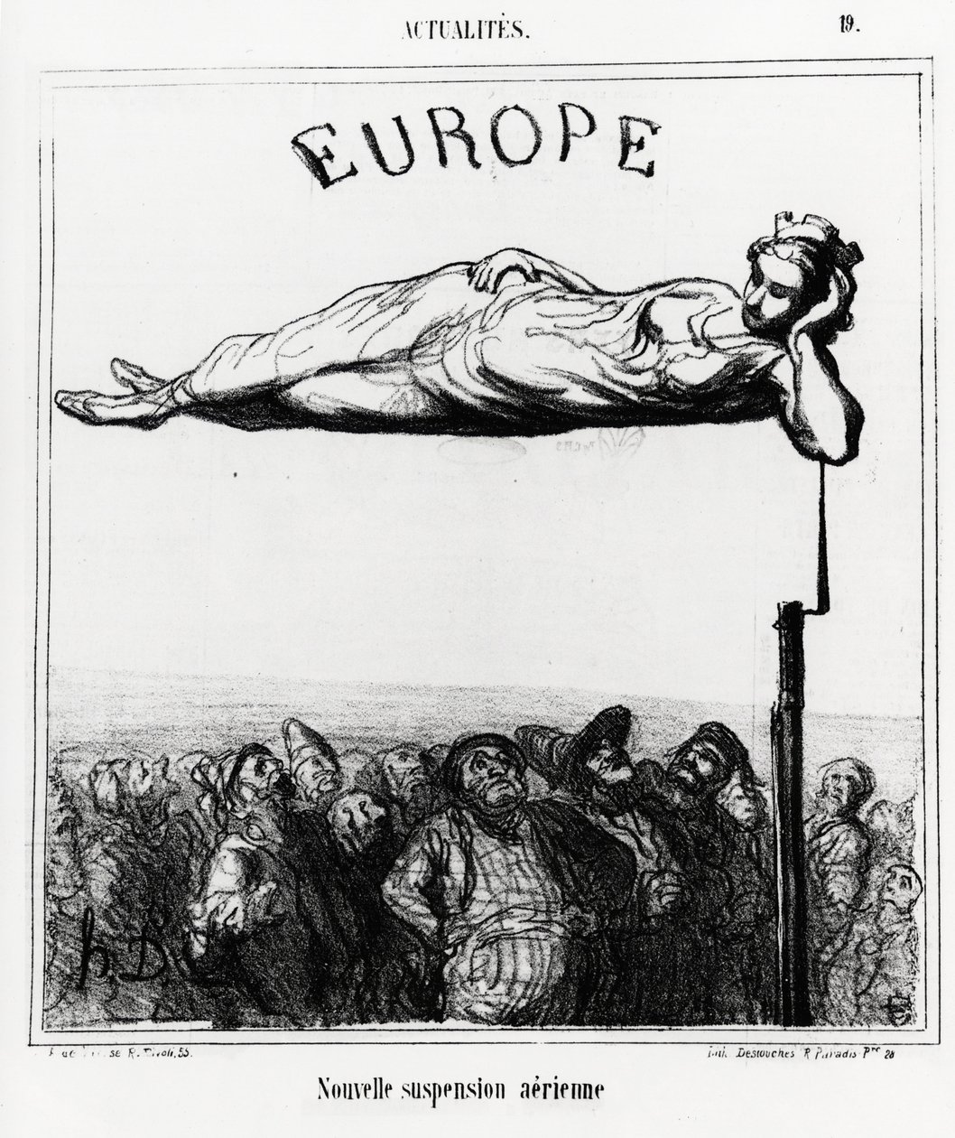 Europa: nowe zawieszenie pneumatyczne. Ilustracja Honore Daumiera (1808-1879), opublikowana w wiadomościach „Charivari” z dnia 7 lutego 1867 r. autorstwa Honoré Daumier