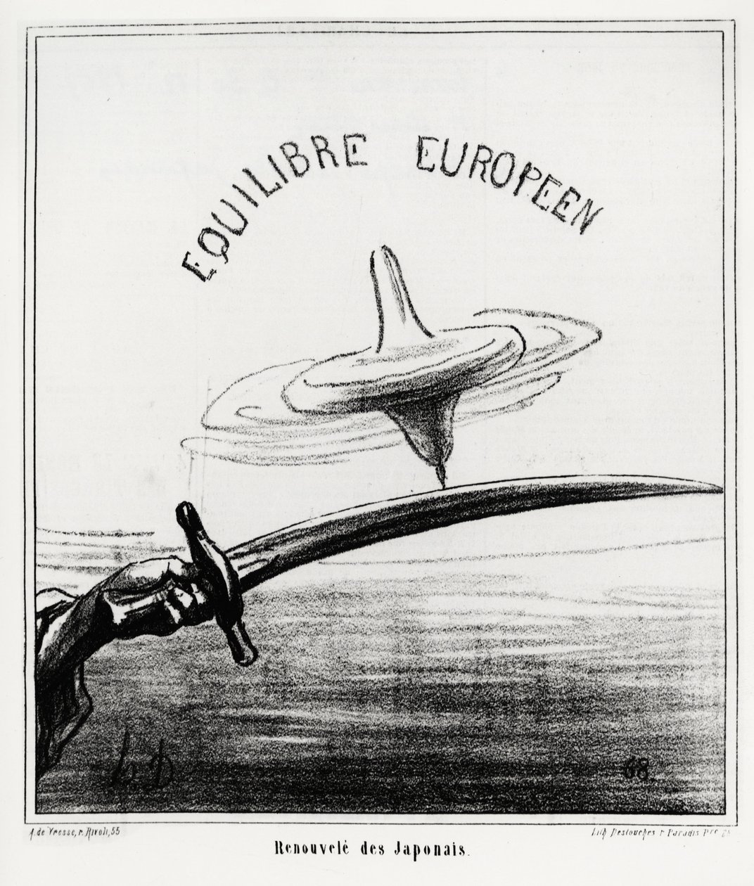 Równowaga europejska: japońskie odrodzenie. Tuż po przywróceniu reżimu cesarskiego w Japonii, po rezygnacji szoguny Tokugawy w listopadzie 1867 r. Ilustracja d