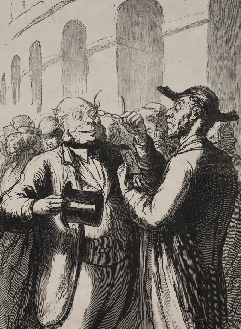 Wystawa uniwersalna: Inspekcja fotografii przy bramkach obrotowych.... autorstwa Honoré Daumier
