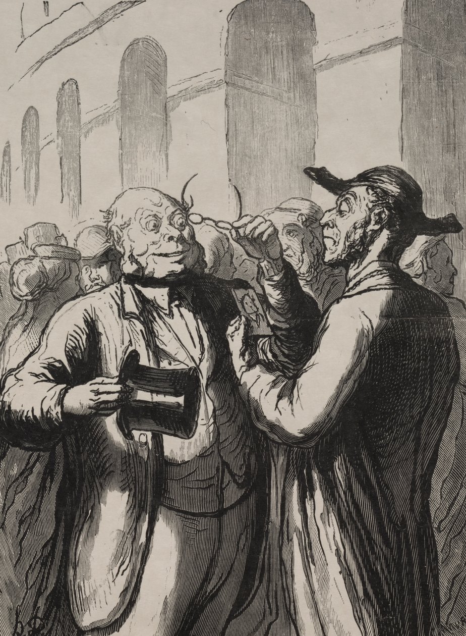 Wystawa uniwersalna: Inspekcja fotografii przy bramkach obrotowych. Łysi muszą zdjąć kapelusze, a krótkowzroczni okulary. autorstwa Honoré Daumier
