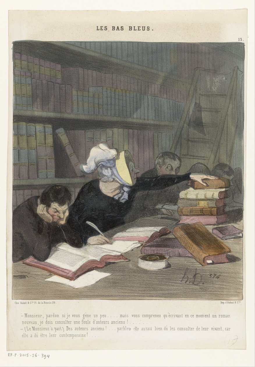 Postacie za stołem do czytania w bibliotece publicznej Les Bas Bleus (tytuł serii na obiekcie) autorstwa Honoré Daumier