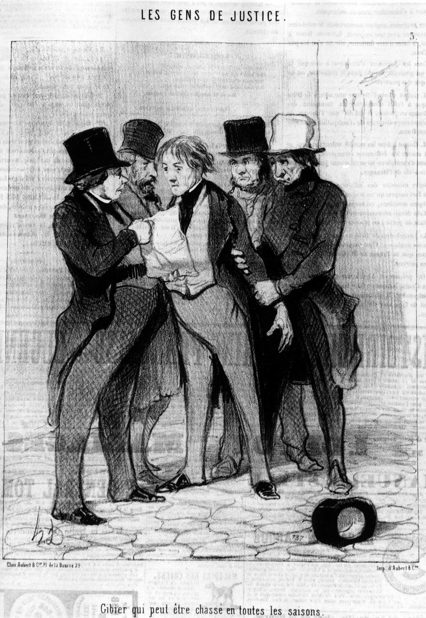 Zwierzyna, na którą można polować o każdej porze roku, zaczerpnięta z "Gens de Justice", serii karykatur o sprawiedliwości autorstwa Honore Daumiera (1808-1879). "Charivari" autorstwa Honoré Daumier