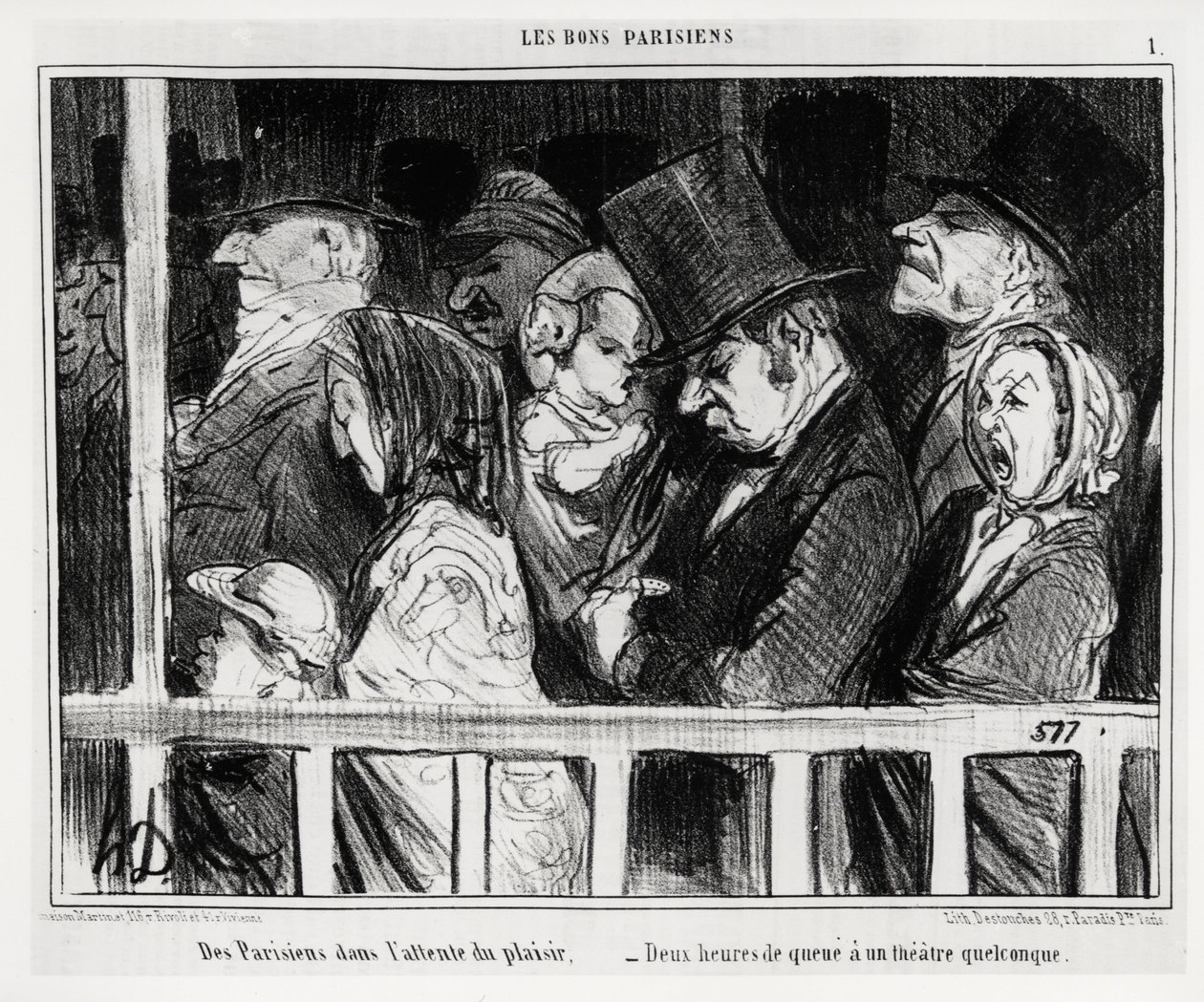 Dobrzy Paryżanie: Paryżanie czekają na zabawę, dwie godziny ogona mają jakiś teatr. Ilustracja Honore Daumiera (1808-1879), opublikowana w „Charivari” z 5 marca autorstwa Honoré Daumier
