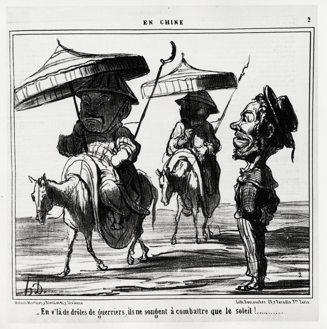 W tych zabawnych wojownikach, myślą oni tylko o walce ze słońcem. In serie En Chine, ilustracja autorstwa Honore Daumier (1808-1879), opublikowana w "Charivari", z datą 8 stycznia. autorstwa Honoré Daumier
