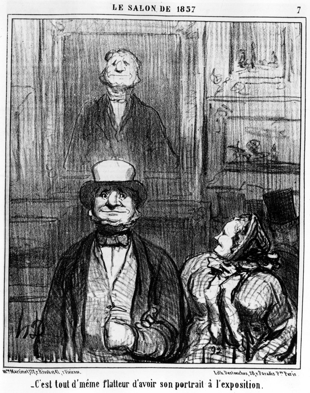 Pochlebia jego portret na wystawie, zaczerpnięty z cyklu karykatur „Malarstwo i salony” Honore Daumiera (1808-1879). „Charivari” autorstwa Honoré Daumier